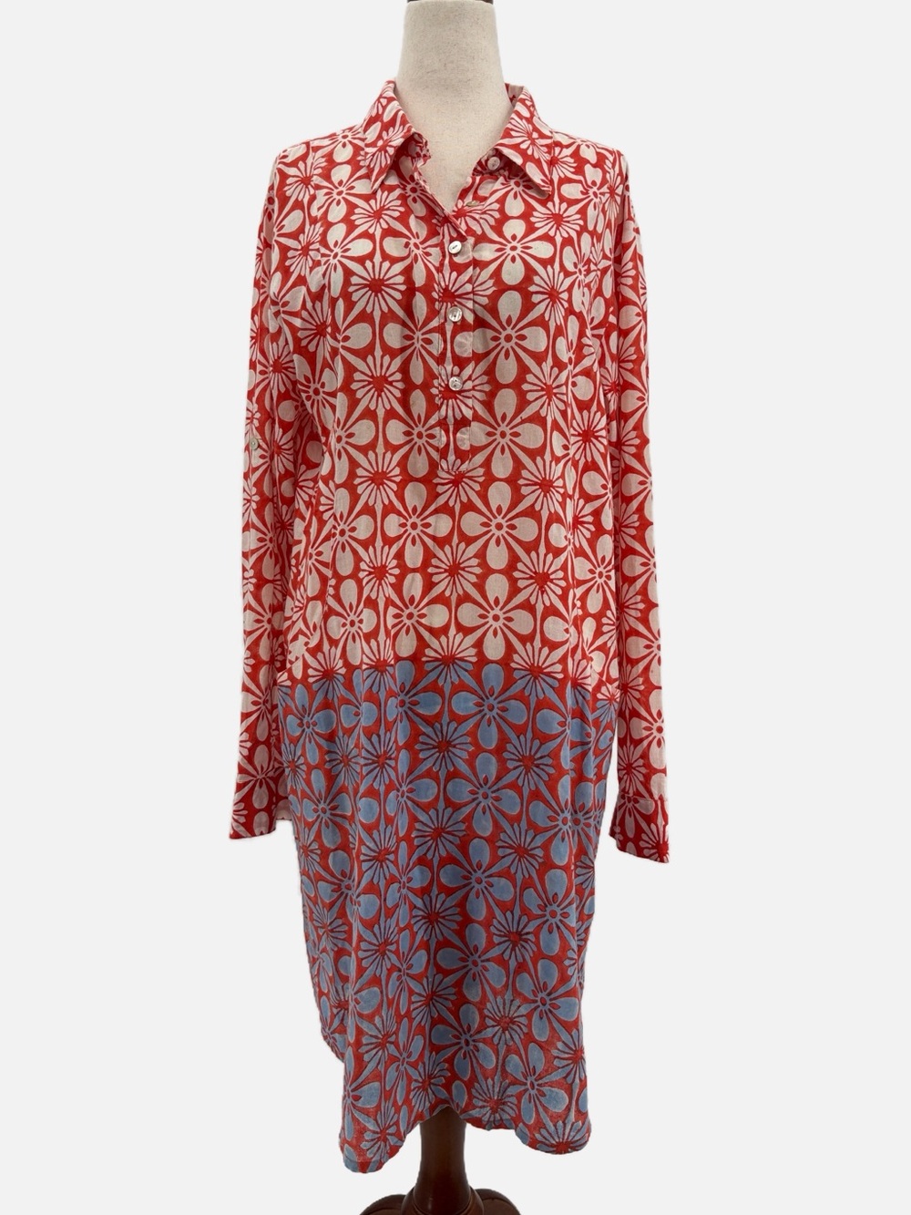Roller Rabbit Cotton Shirt Dress Red Blue Ivory Roll Tab Sleeves Size Medium